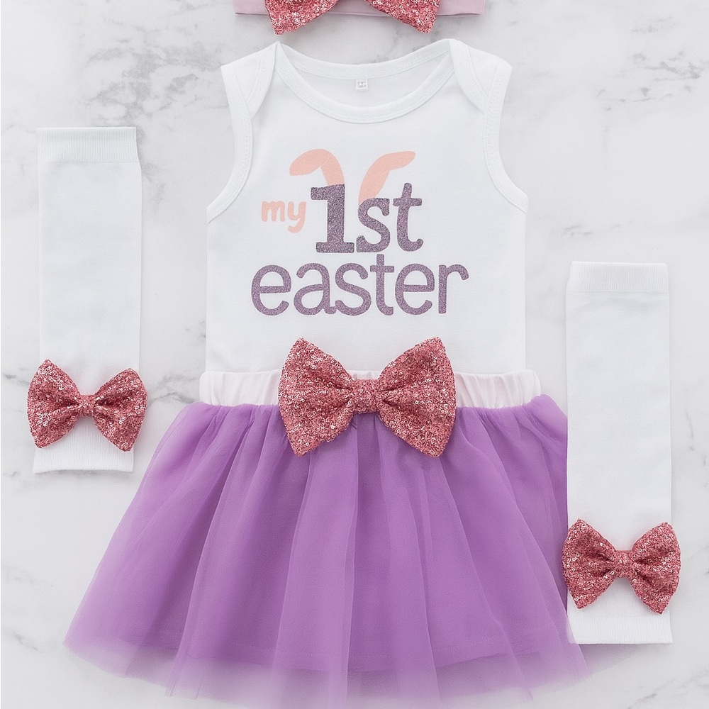 Purple and White 1st Easter Outfit with Pink Bows